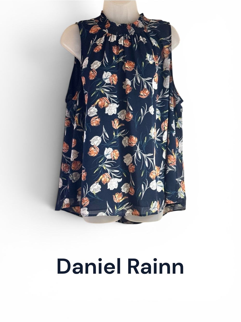Daniel Rainn Navy Floral Sleeveless Top  w/ Orange/White Blooms XXLARGE    #Y